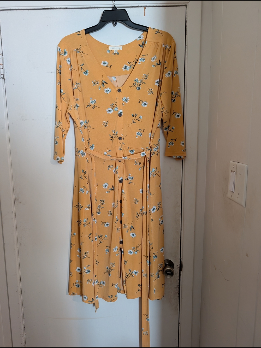 Monteau Mustard Yellow Floral Tie-Waist Midi Dress
